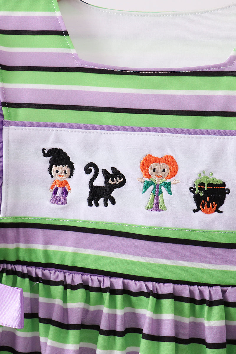 Purple witch embroidery stripe ruffle shorts set