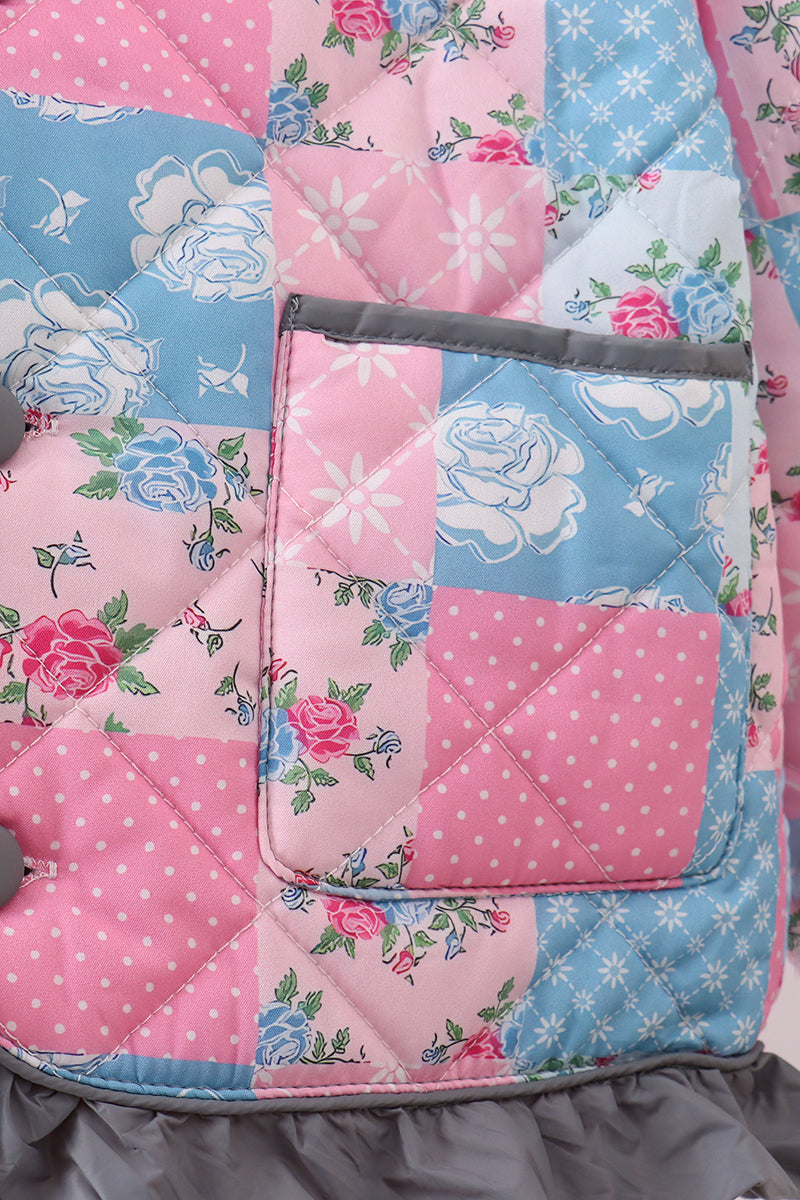 Teal Patchwork Floral Ruffle Jacket