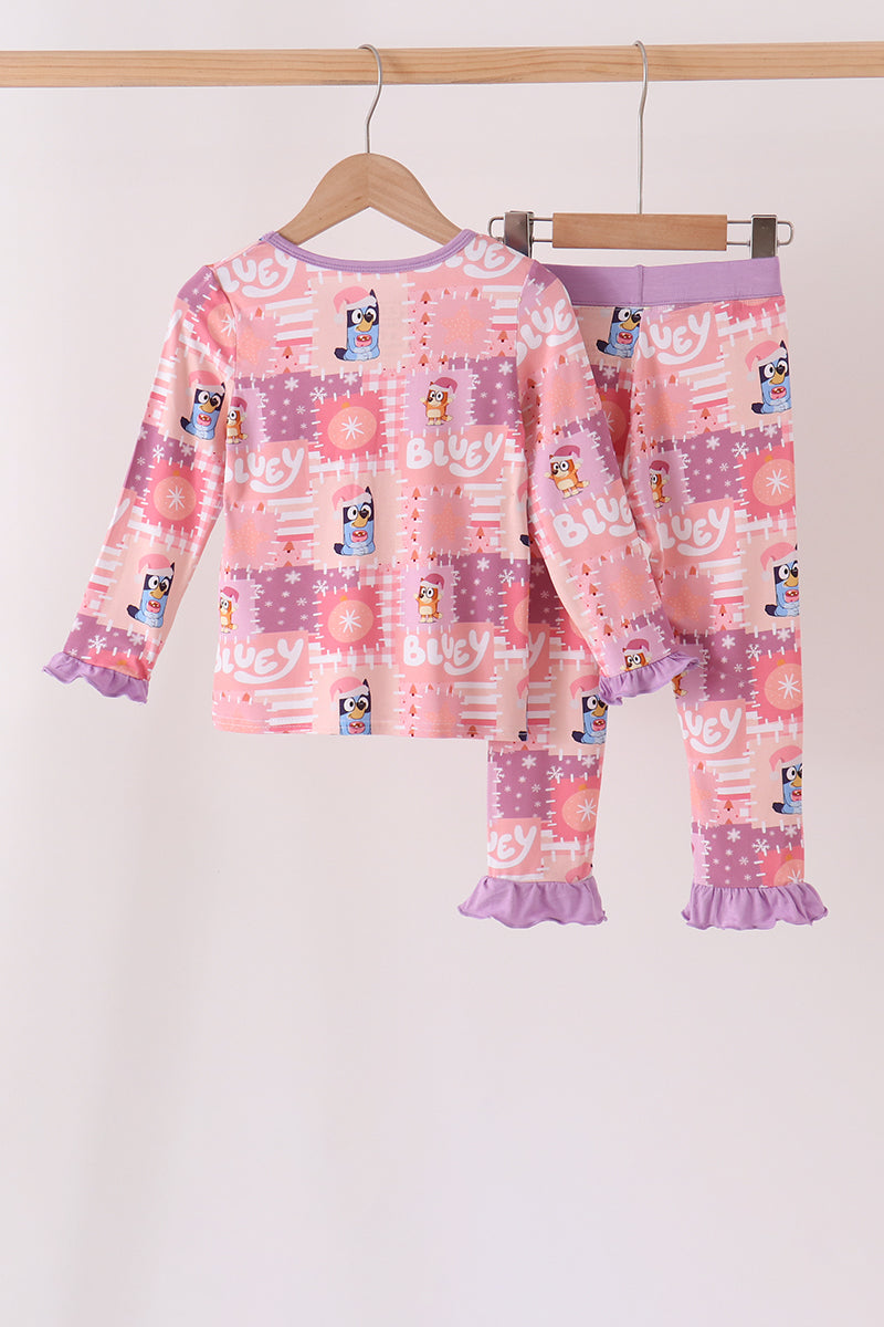 Purple christmas bluey bamboo ruffle pajama set