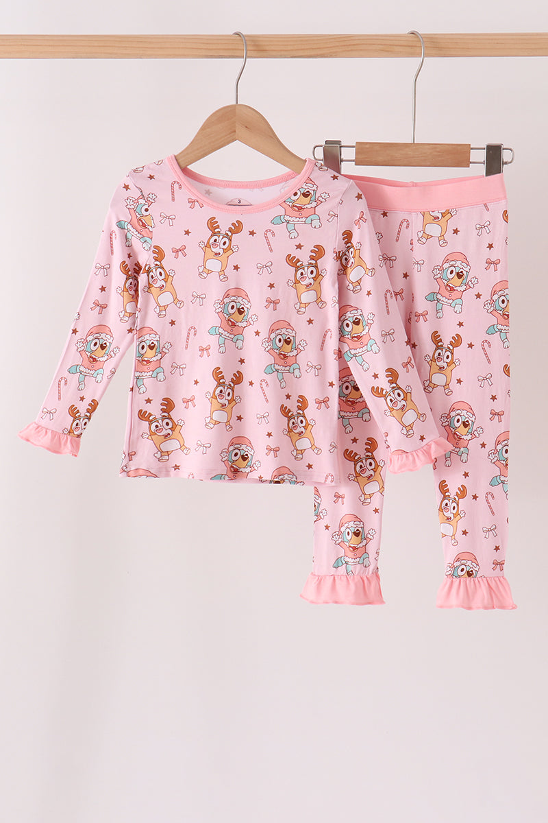 Pink bluey bamboo ruffle pants set