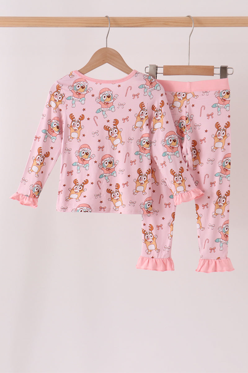 Pink bluey bamboo ruffle pants set