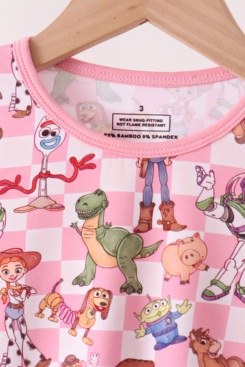 Pink character checkered bamboo ruffle pajama set