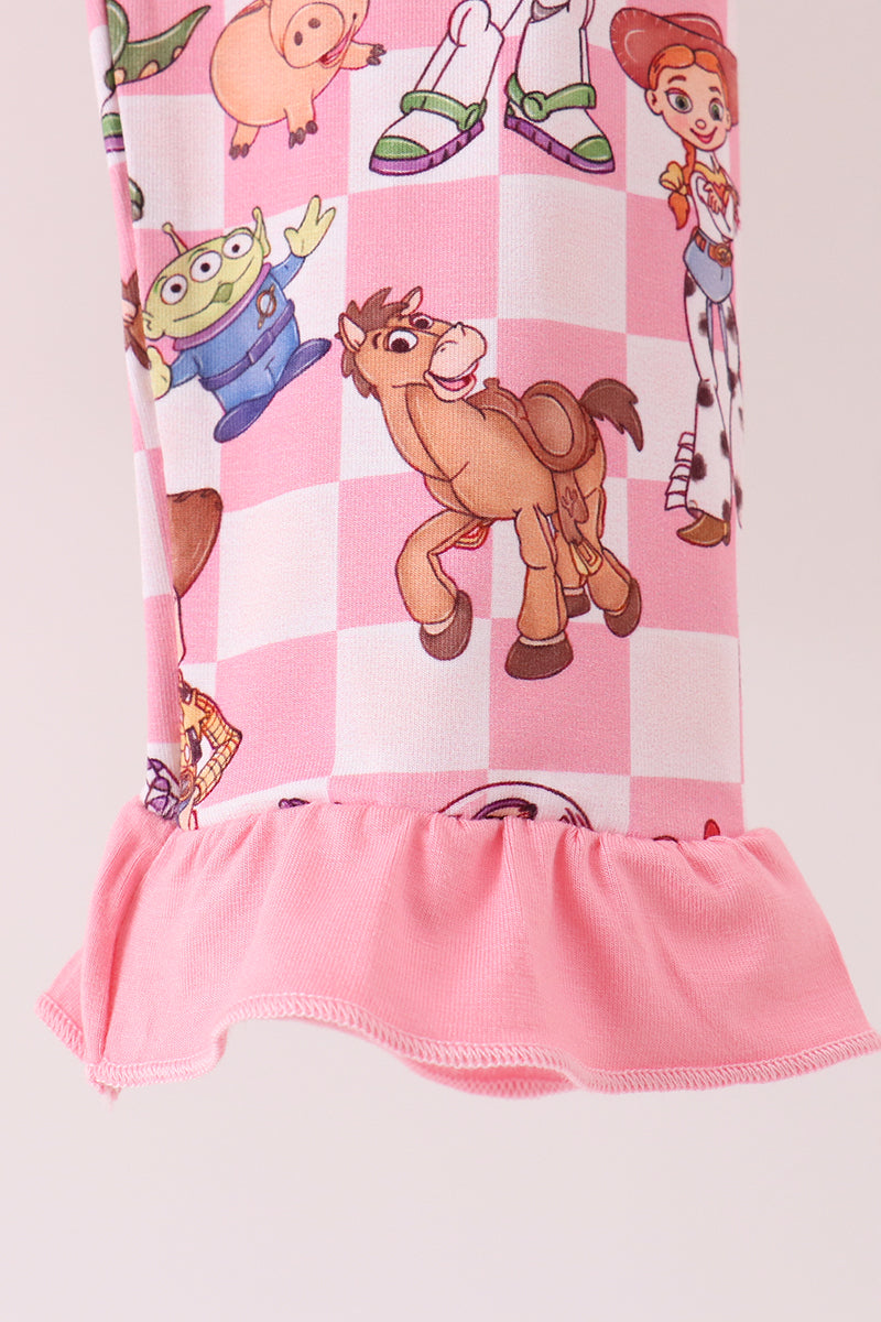 Pink character checkered bamboo ruffle pajama set