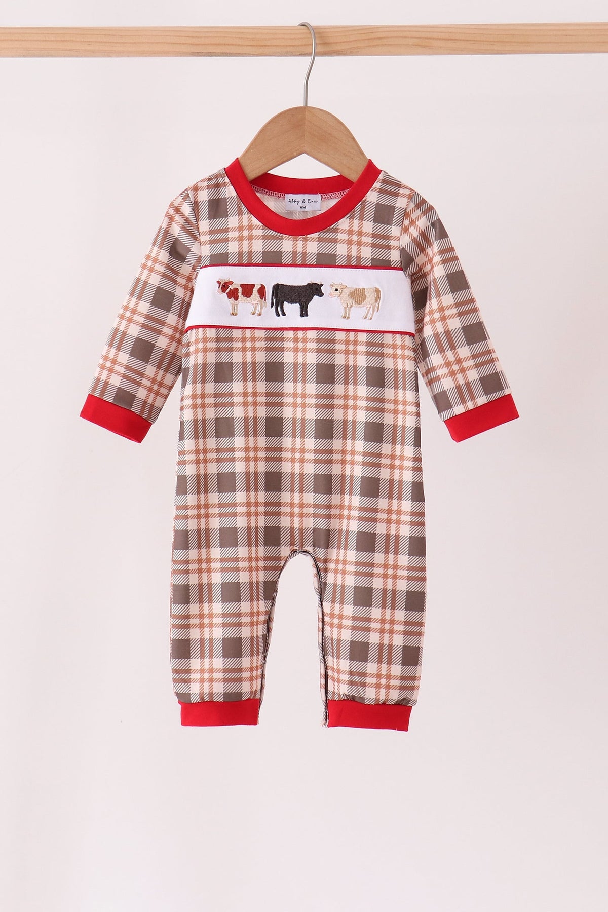 Brown Cow Embroidery Plaid Romper