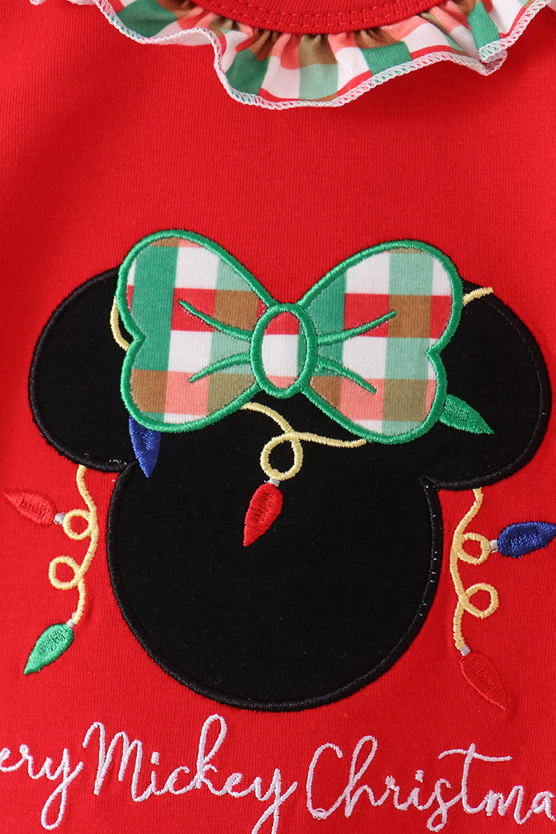 Red christmas character applique ruffle romper
