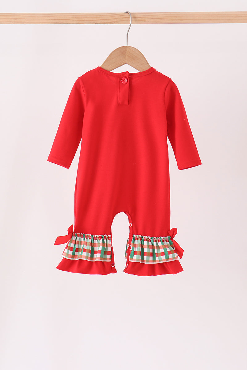 Red christmas character applique ruffle romper