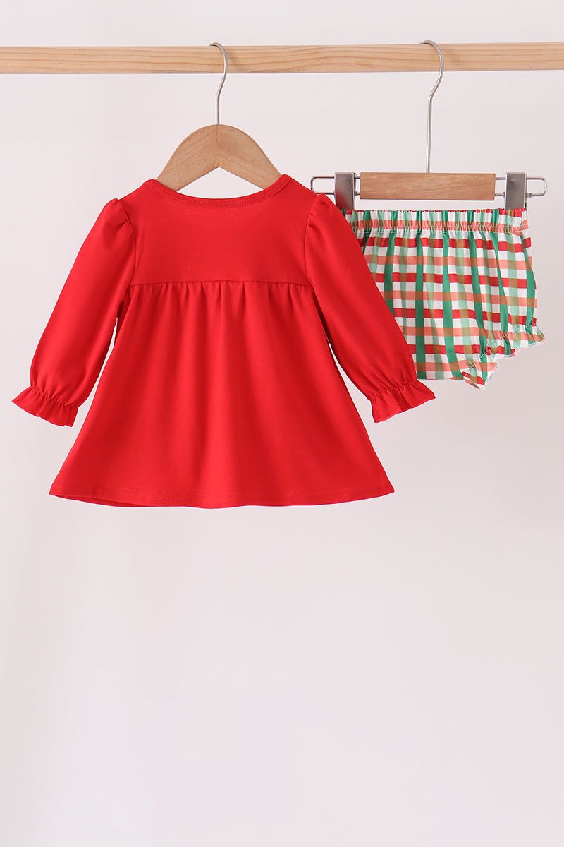 Red christmas character applique gingham bloomer set