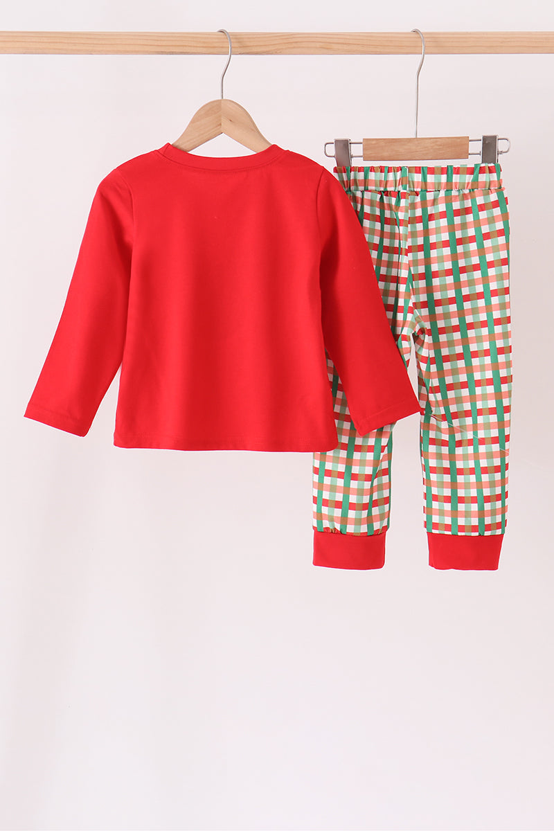 Red christmas character applique gingham pants set