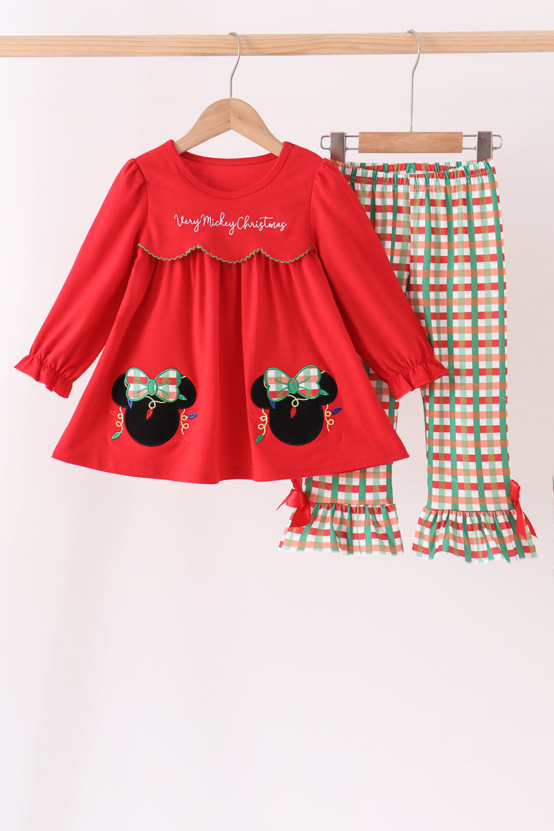Red christmas character applique gingham ruffle pants set