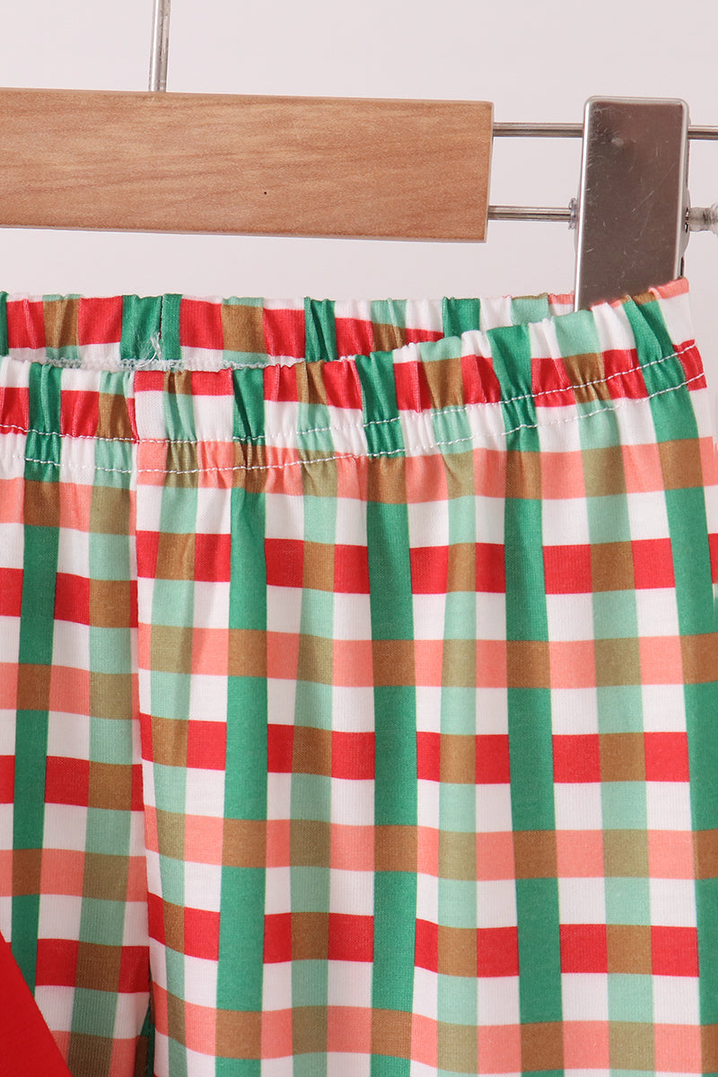Red christmas character applique gingham ruffle pants set