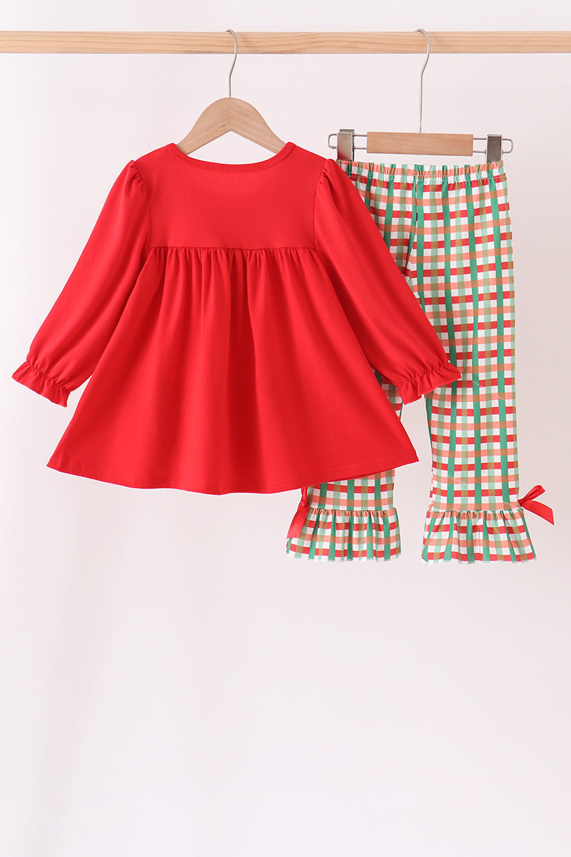 Red christmas character applique gingham ruffle pants set