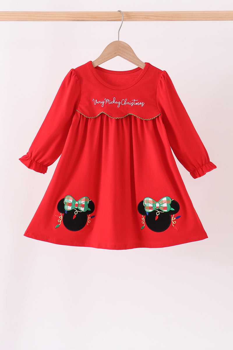 Red christmas character applique dress