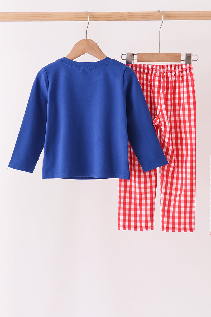 Blue Fire Truck Applique Gingham Pants Set