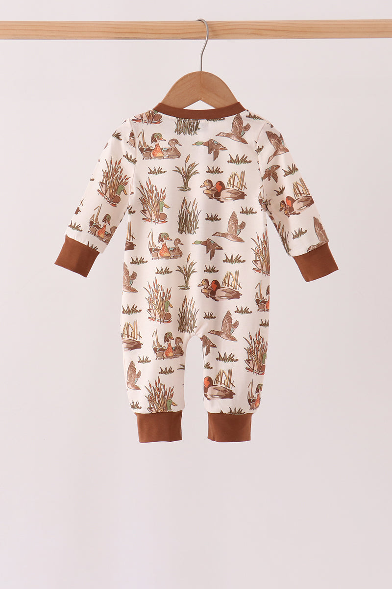 Brown Duck Embroidery Ruffle Romper