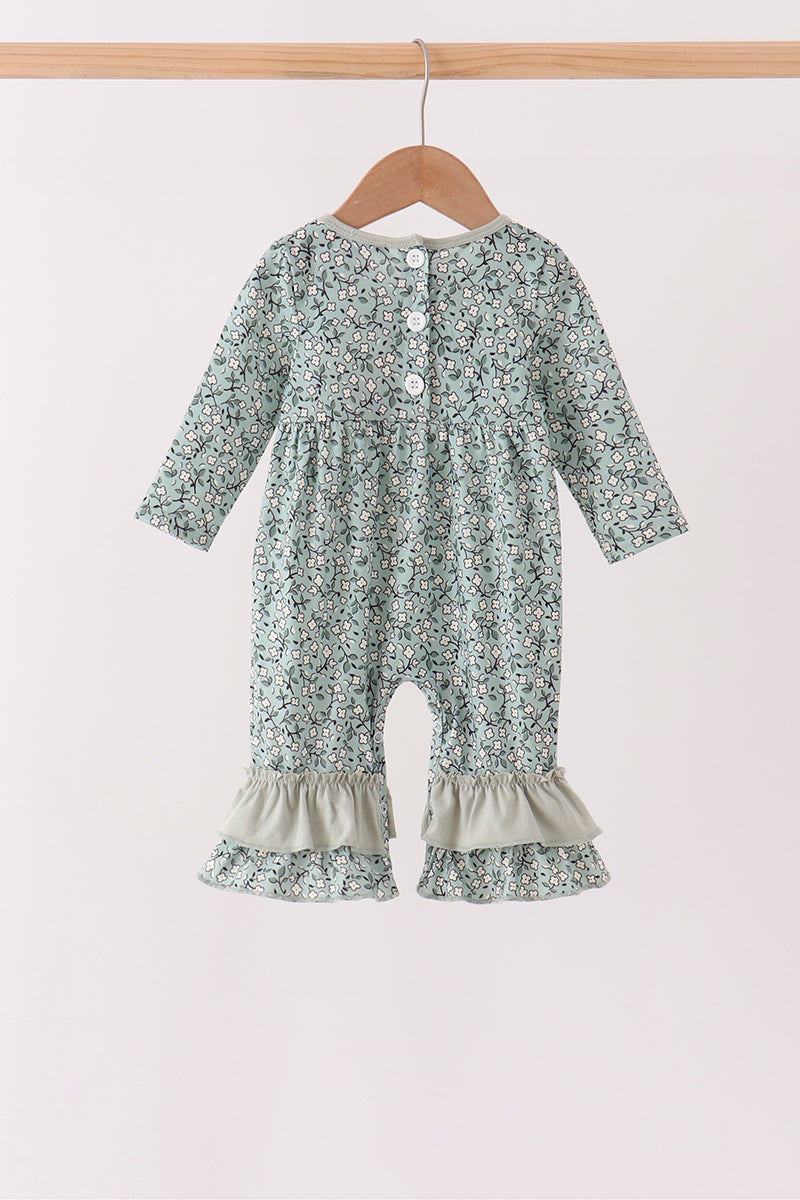 Green Farm Floral Embroidery Ruffle Romper