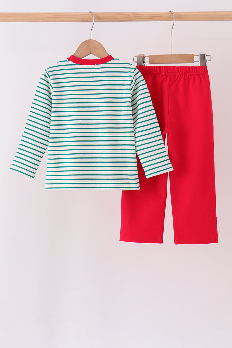 Green stripe gingerbread embroidery pants set