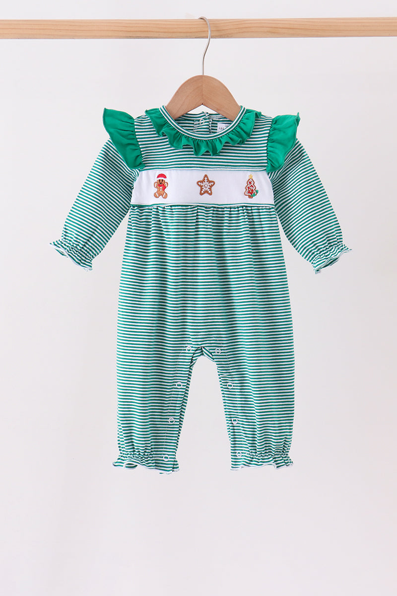 Green gingerbread embroidery stripe ruffle romper