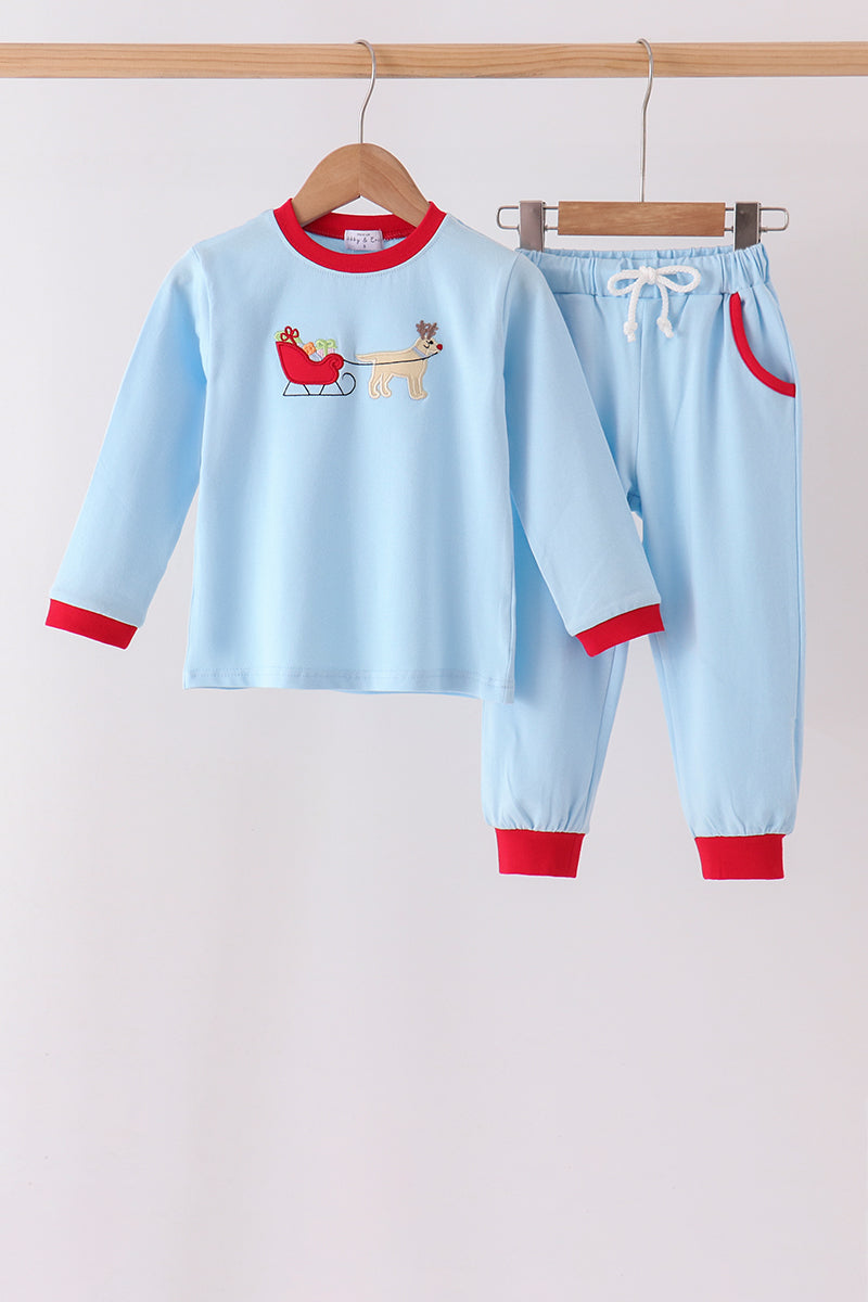 Blue deer embroidery pants set