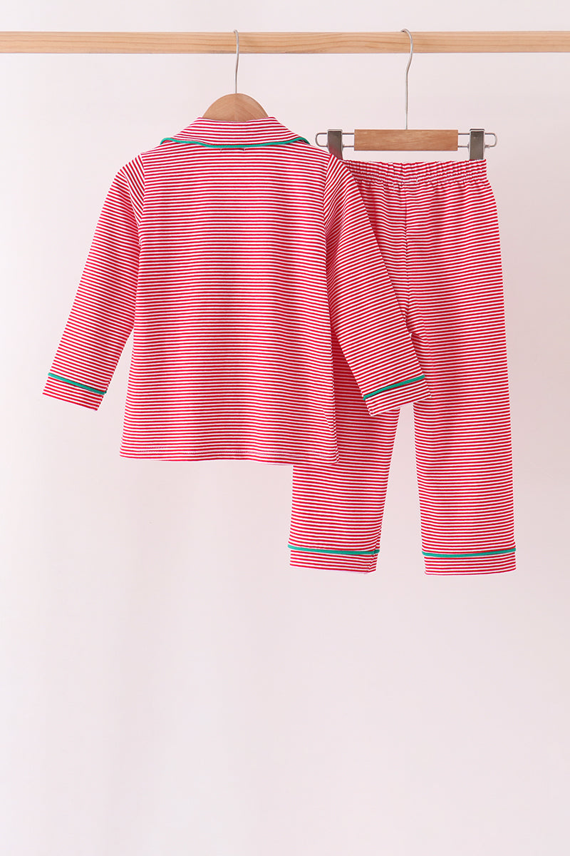 Red stripe christmas tree embroidery pants set