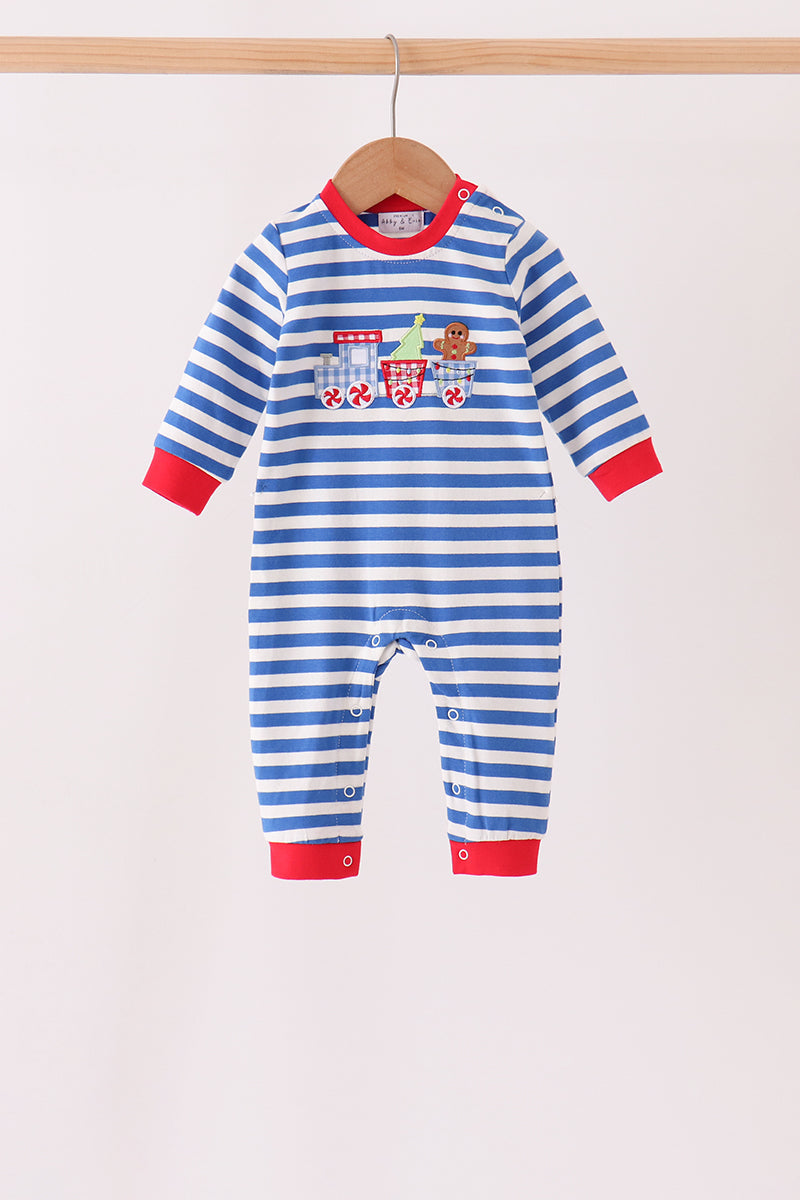 Blue stripe train gingerbread embroidery romper