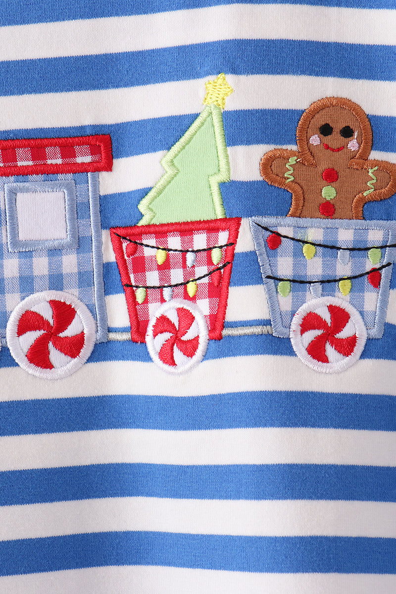 Blue stripe gingerbread embroidery top