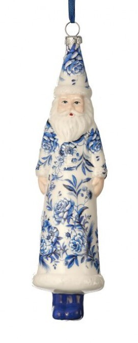8" GLASS FLORAL PRINT SANTA ORNAMENT