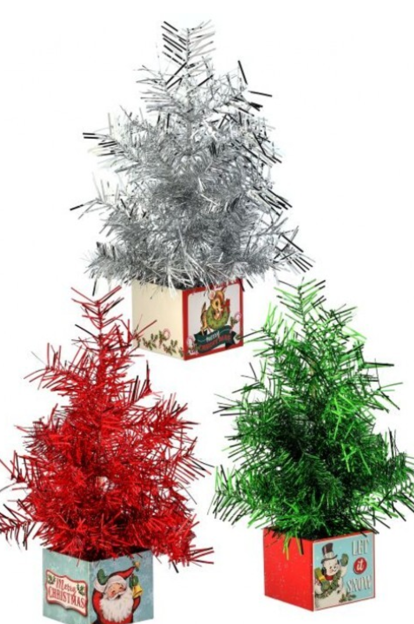 18" RETRO GIFT BOX W/TINSEL TREE