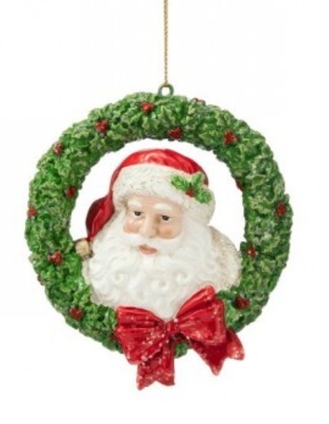 4.5" RESIN SANTA W/WREATH ORNAMENT