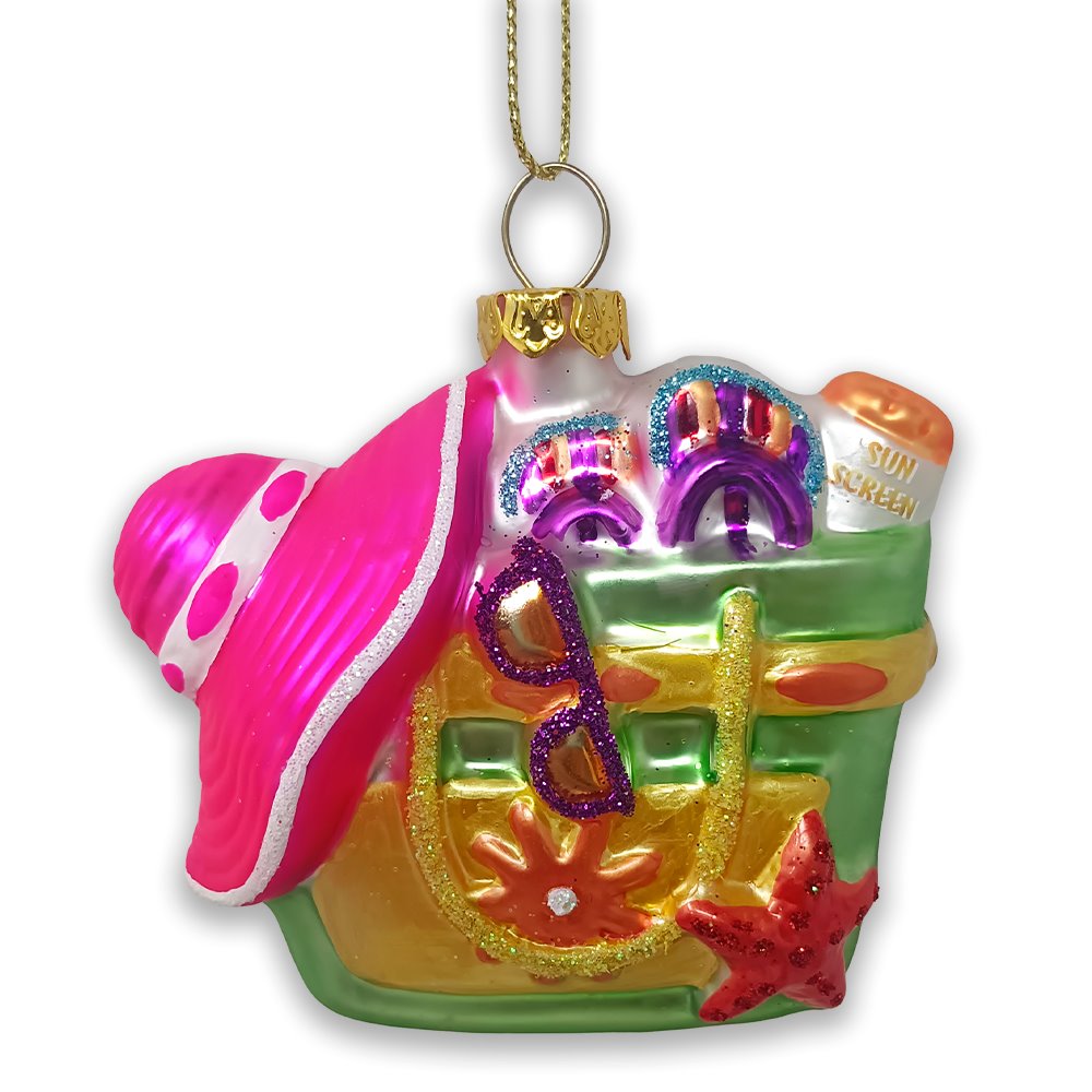 Coastal Beach Bag Glass Christmas Ornament, Ocean Seaside Nautical Home Tree Decoration