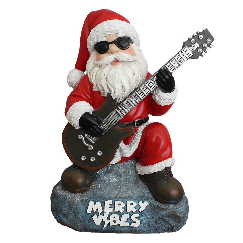 Merry Vibes Rockstar Santa Christmas Figurine, 10" Rock n Roll Lover Gift Garden Statue
