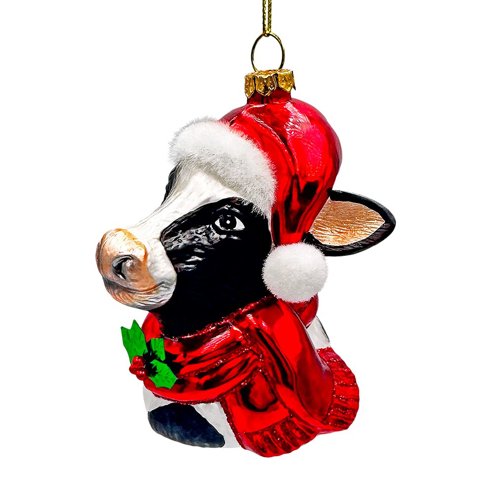 Festive Cow in Wreath Blown Glass Christmas Ornament, Farmhouse Theme Tree Decoration