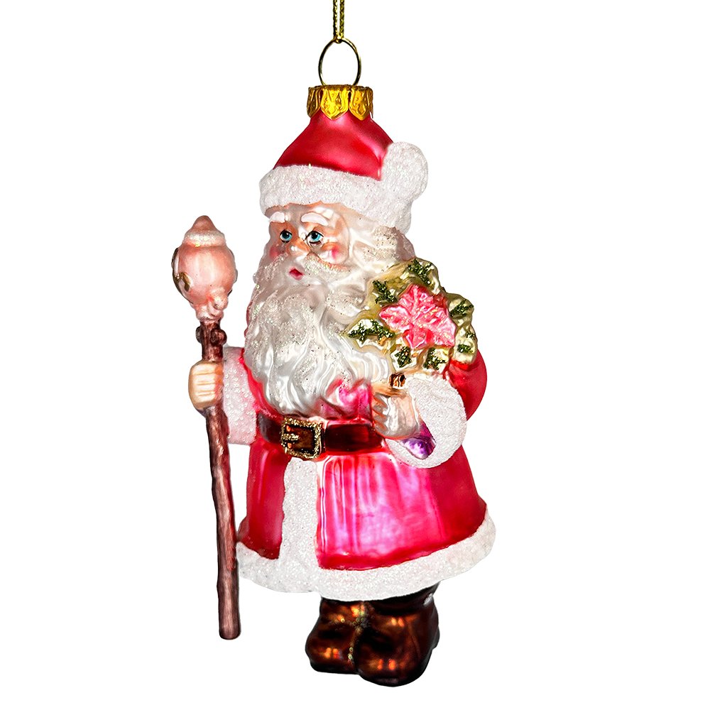 Pink Santa with Sceptor and Flowers Glass Christmas Ornament, Retro Tree Decor