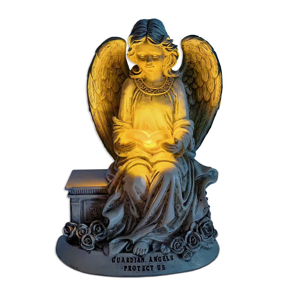 Guardian Angel Reading Book Garden Statue, 10" Solar Powered Angelic Outdoor Figurine