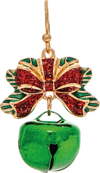 Gold Green Ribbon Top Jingle Bell Xmas Earring