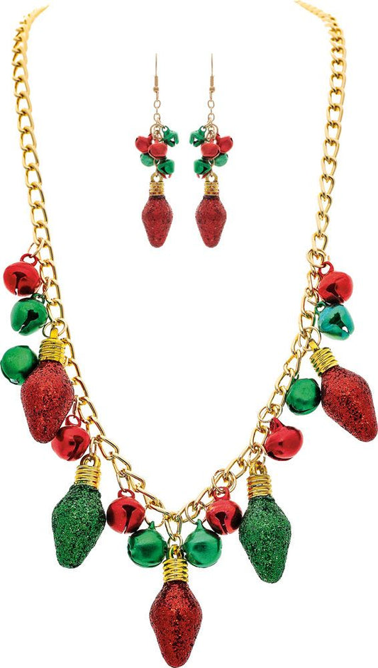 Gold Jingle Bells Christmas Lights Necklace Set