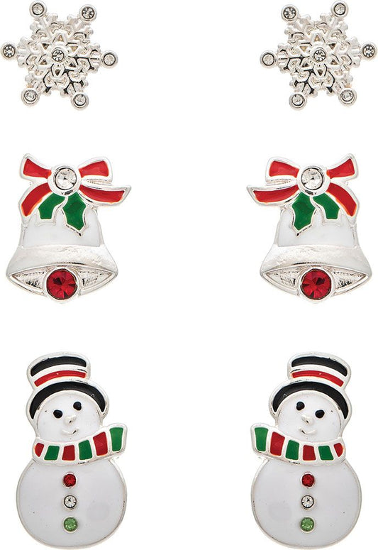 Silver Snowflake Christmas Bell Snow Man Enamel Three Piece Post Earring Set