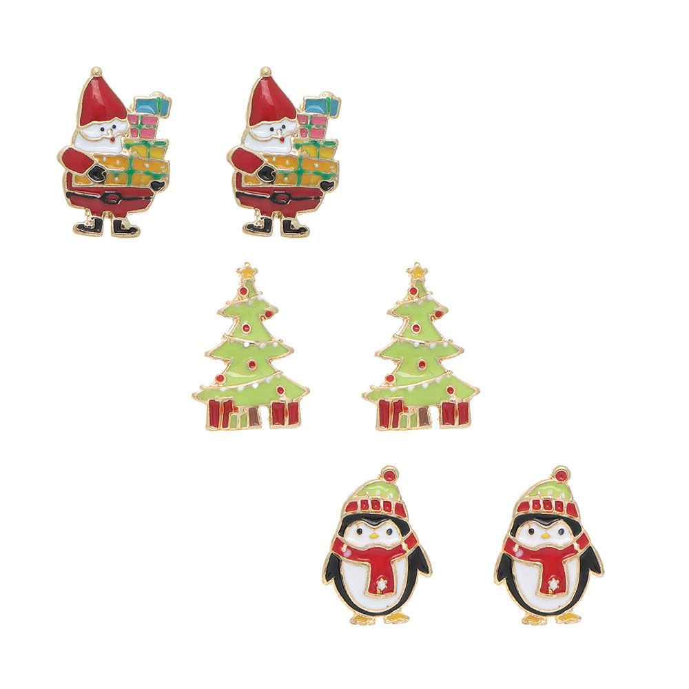Gold 3 Pair Post Christmas Tree Gnome Earring
