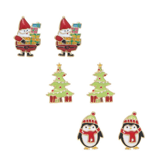 Gold 3 Pair Post Christmas Tree Gnome Earring