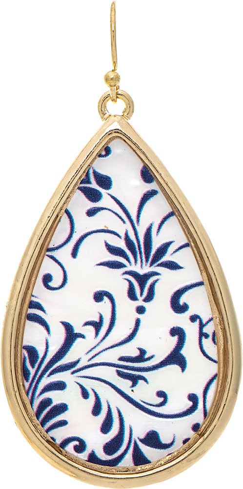 Gold White Mother of Pearl Blue Floral Overlay Earring