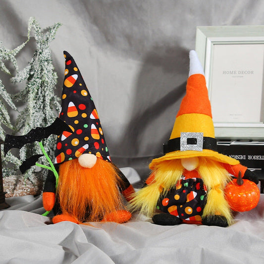 Candy Corn Themed Halloween Gnomes, Black Orange and Yellow Plush Colors