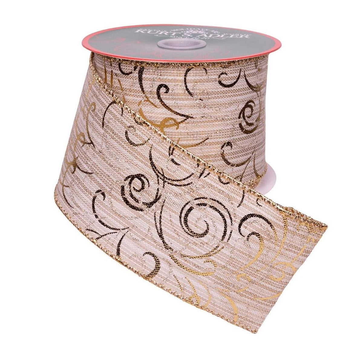 Natural Color With Gold Swirl Design Double Wire Ribbon