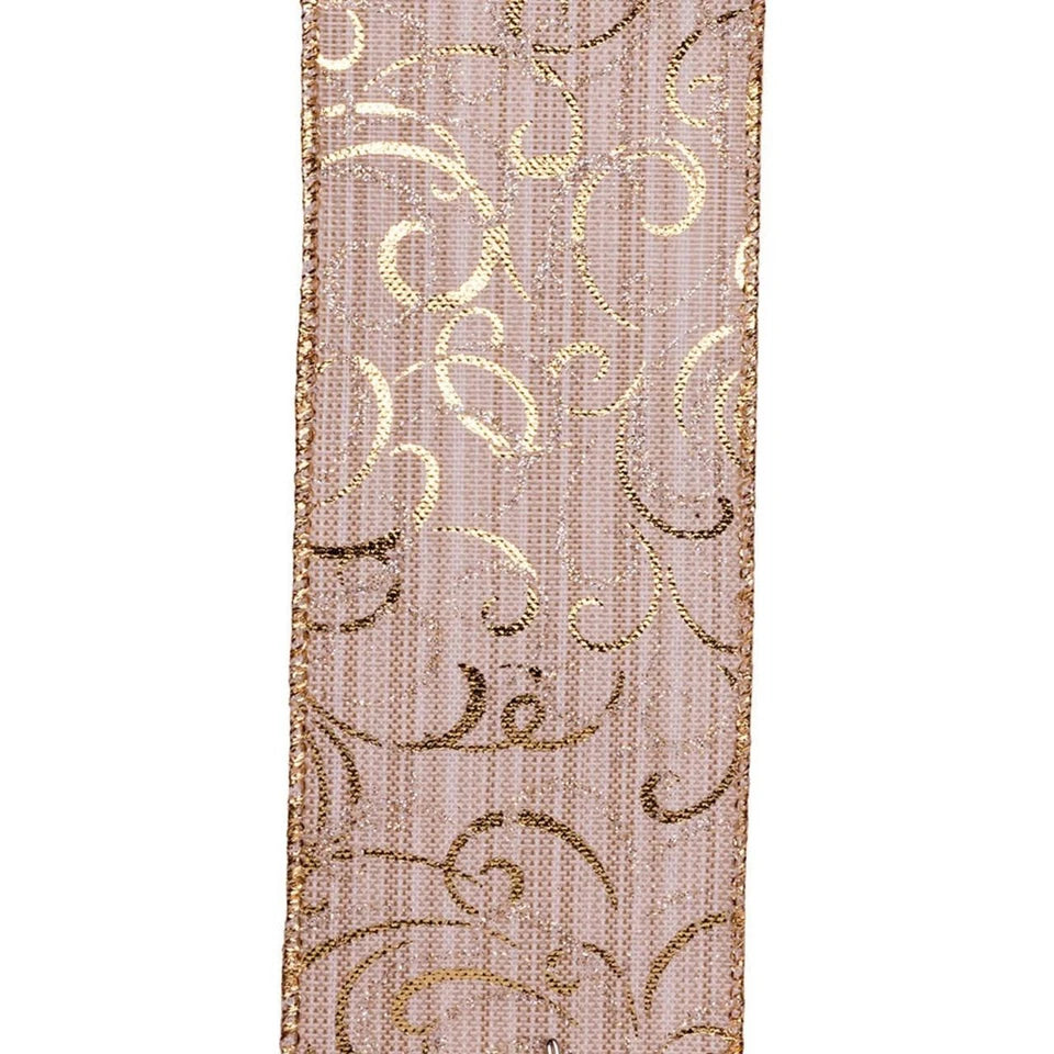Natural Color With Gold Swirl Design Double Wire Ribbon
